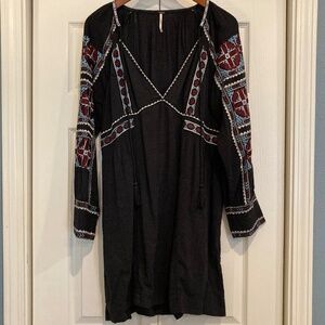 Free People Black Long Sleeve Embroidered Dress with Pockets, Medium
